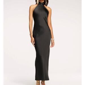 $645 Ramy Brook Tatiana Gown Size 6 Long Black Dress High Neck Satin Halter New